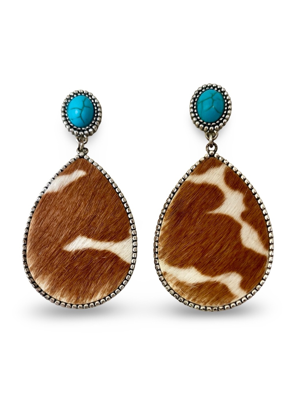 Western Hair On Cowhide Teardrop Earrings Faux Turquoise Leather Boho Festival